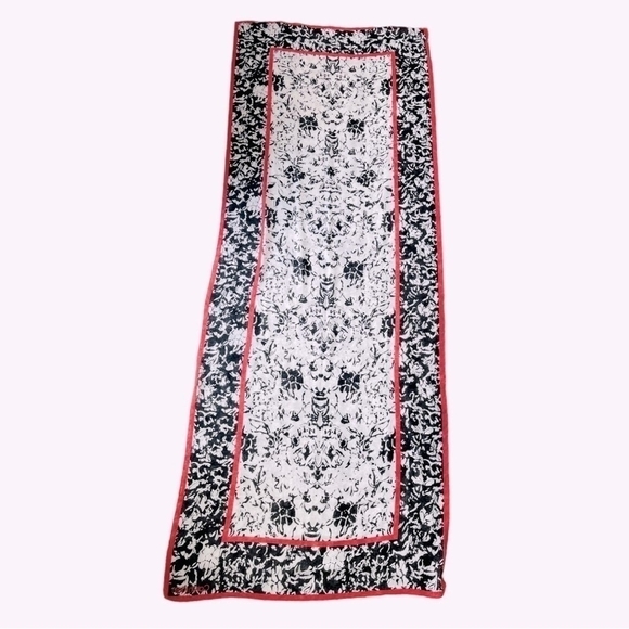 CALVIN KLEIN Black White Red Floral Abstract Print Chiffon Scarf Neckerchief - Picture 3 of 4